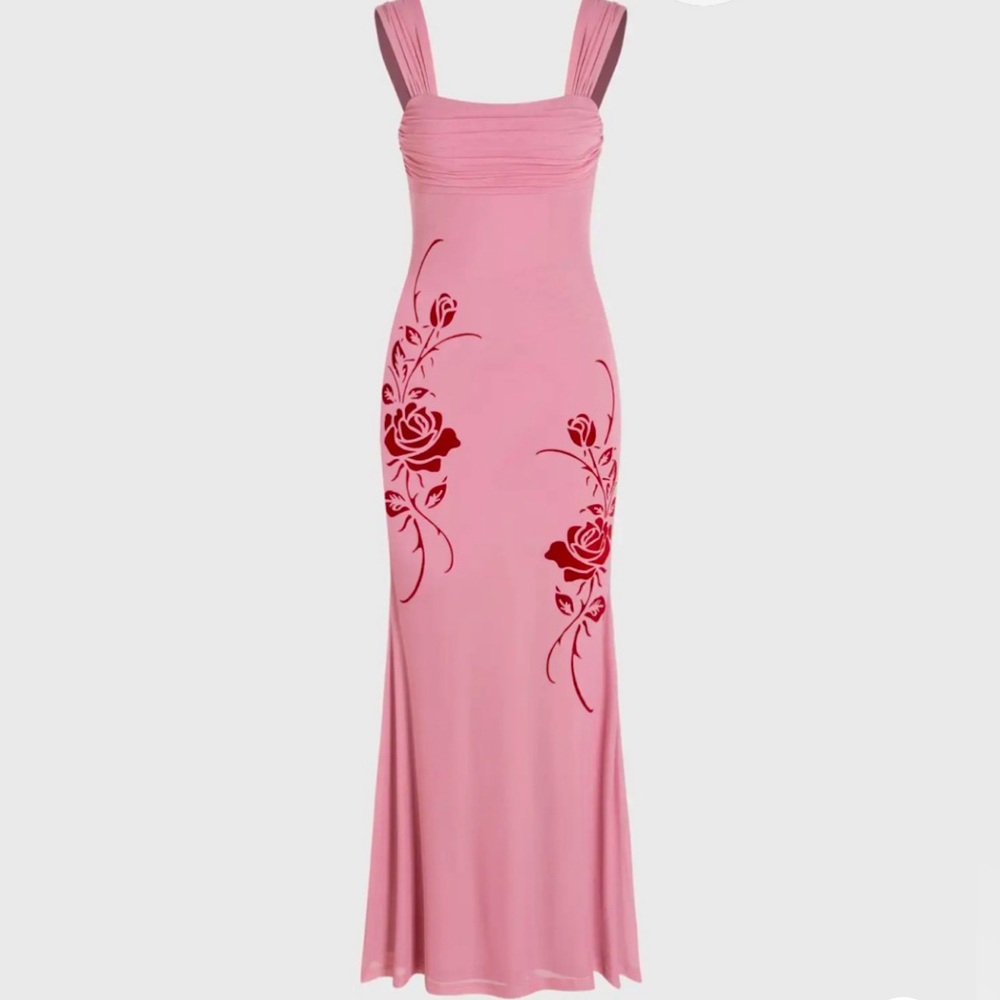 NWT CIDER PINK ROSE PRINTED MESH RUCHED RUFFLE MAXI DRESS SIZE SMALL